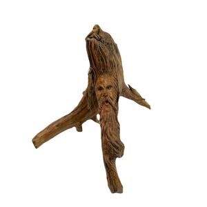 Hand Carved Wood Old Man Face w Feather Spirit Tree Sculpture Figure 12”x10” VTG